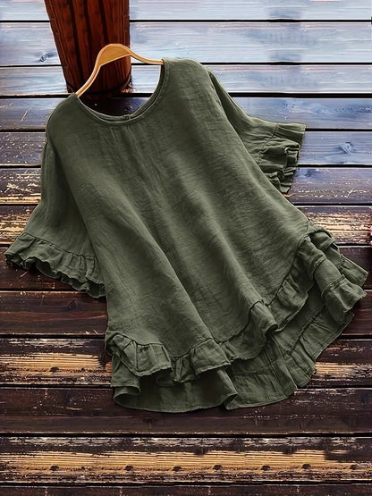 Solid Button Back Ruffled Trim Blouse