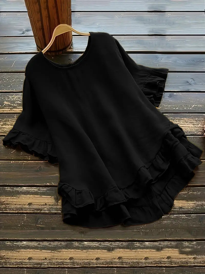 Solid Button Back Ruffled Trim Blouse