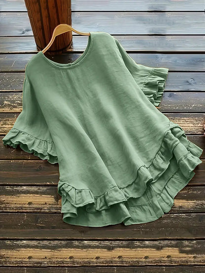 Solid Button Back Ruffled Trim Blouse