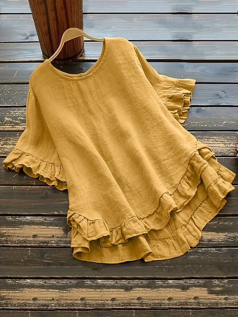 Solid Button Back Ruffled Trim Blouse