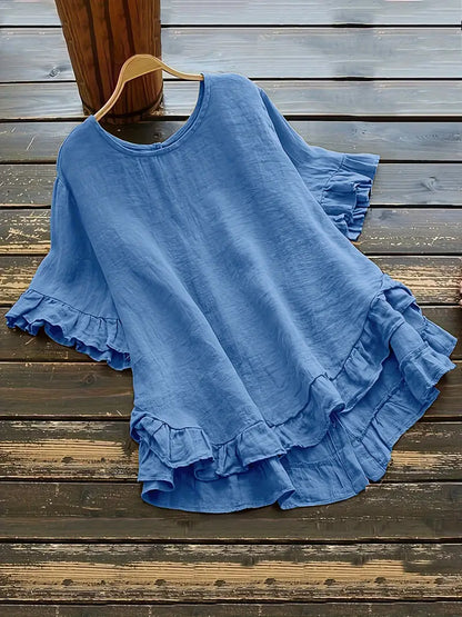 Solid Button Back Ruffled Trim Blouse